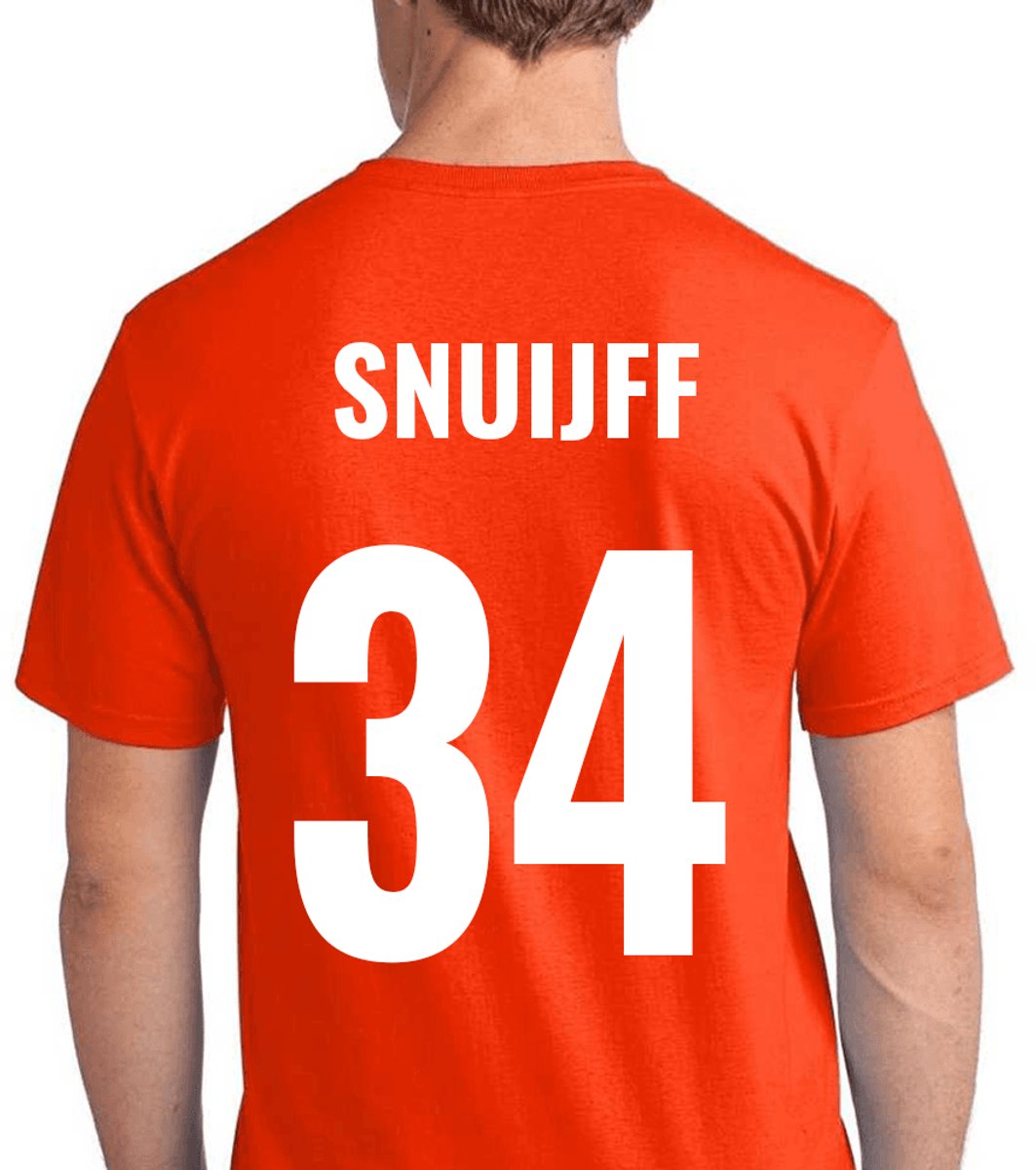 Oranje voetbal EK/WK-shirt met rugtekst Snuijff + NL Leeuw op borst (wit) | Maat S | Oranje Koningsdag shirt - Oranje EK/WK-shirt Dames en Heren- Grappig Oranje shirt | Incl. 2 jaar garantie
